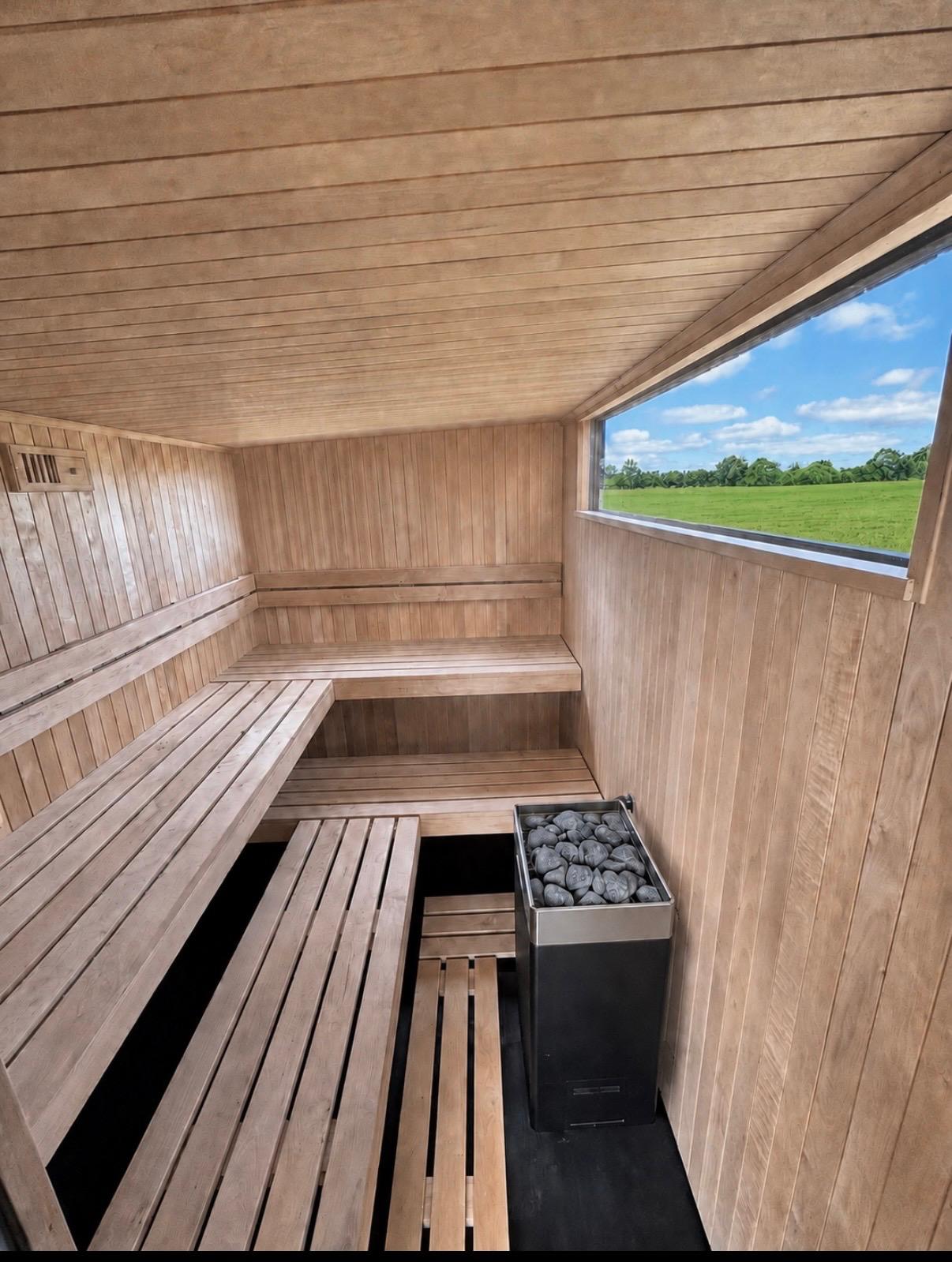 Sauna interior with benches and stove 1